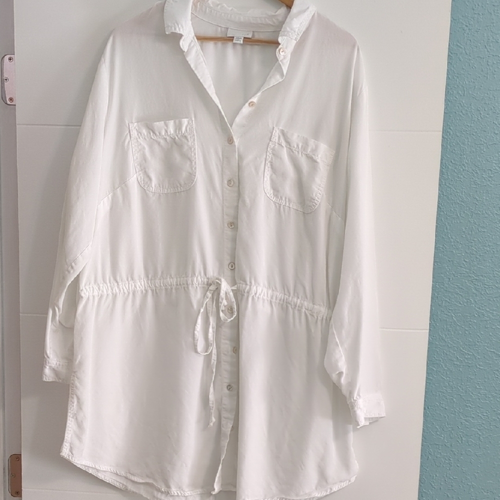 J.jill White Tencel Button-Up Drawstring Waist Roller Tab Sleeves Tunic Top 2X